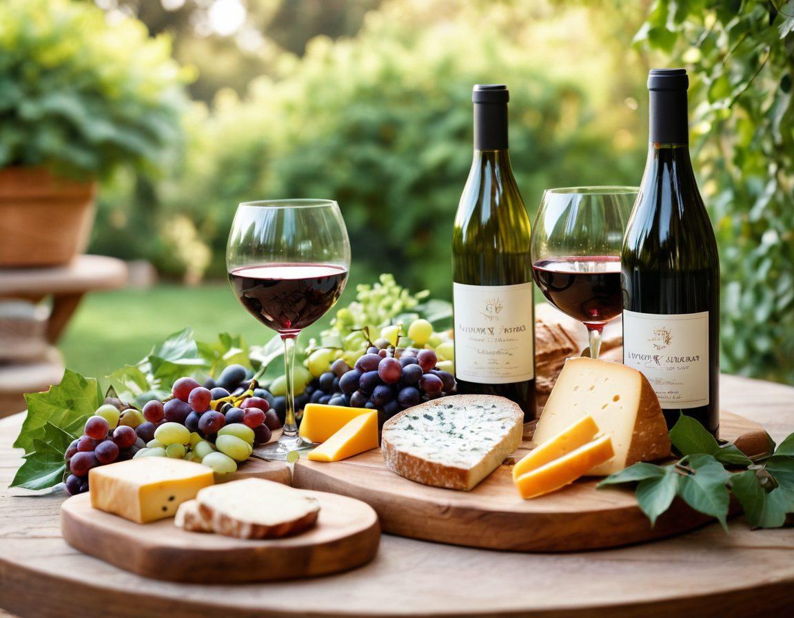 A beautifully arranged wine tasting table set outdoors, featuring an array of exquisite wines with elegant glasses and gourmet food pairings such as cheese, fruits, and artisanal bread. Soft natural light filters through lush greenery, creating a warm, inviting atmosphere. A wine bottle being poured into a glass captures the moment of savoring. Elegant typography overlay reads 'Savoring the Experience'. super-realistic. vibrant colors. soft focus.