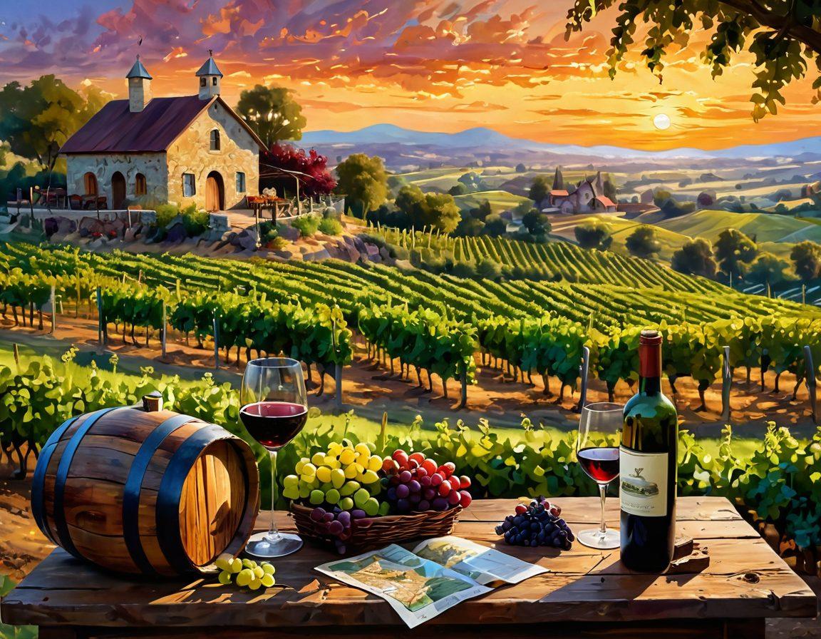 A picturesque vineyard landscape at sunset, showcasing lush grapevines laden with ripe grapes, with a rustic wine cellar nestled in the background. Include elements like wine barrels, a wooden table set with glasses of red and white wine, and a map of wine regions on the table. Capture the essence of wine-making tradition and the beauty of nature. impressionist painting. warm colors. inviting atmosphere.