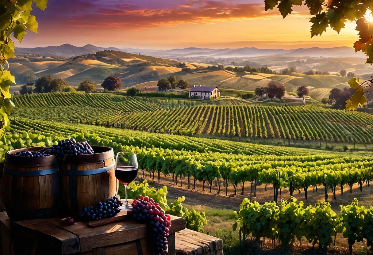 A picturesque vineyard landscape at sunset, showcasing lush grapevines heavy with ripe grapes, with a serene glass of red wine in the foreground catching the light. Include elements of wine-making, like barrels and grape clusters, with a backdrop of rolling hills. Soft golden hues and rich purple tones create a warm atmosphere. super-realistic. vibrant colors. atmospheric.